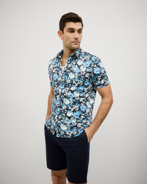Painted Floral Short Sleeve Shirt, Blue, hi-res
